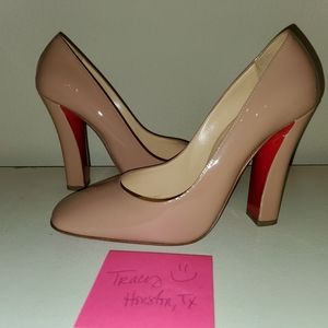 Louboutin patent Viva square toe pump in nude/beig